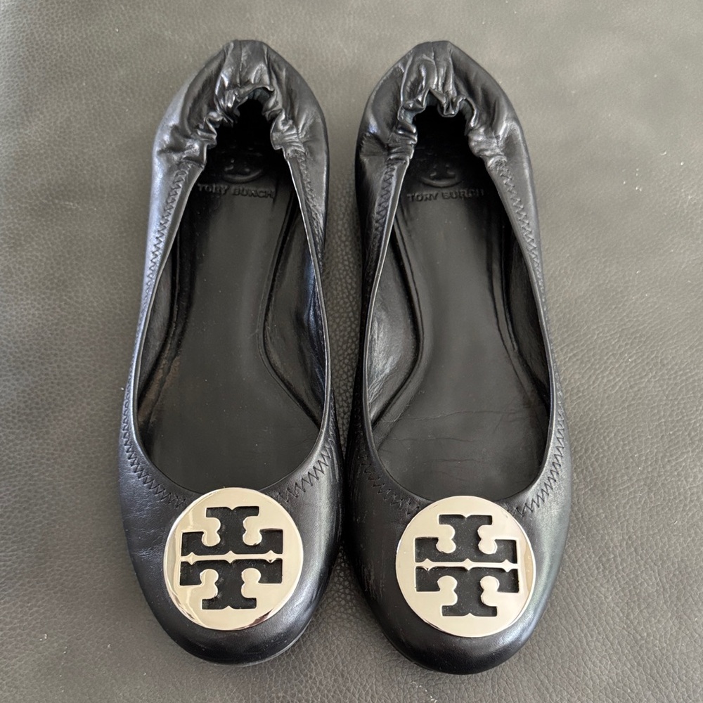 Tory Burch Black Leather Flats with Silver Logo